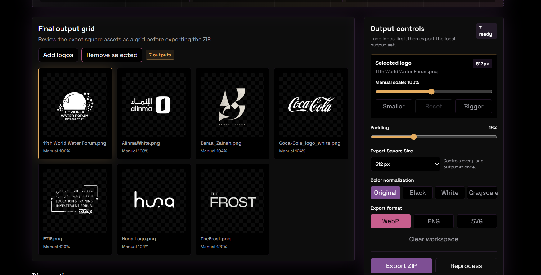 BrandFit canvas settings interface showing output controls and logo balancing settings